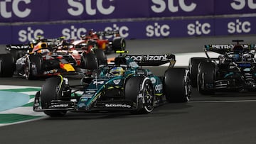 action, Jeddah Corniche Circuit, GP2302a, F1, GP, Saudi Arabia
Fernando Alonso, Aston Martin AMR23, leads George Russell, Mercedes F1 W14, and Max Verstappen, Red Bull Racing RB19