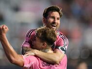 Nov 8, 2025; Fort Lauderdale, Florida, USA; Inter Miami CF forward Lionel Messi (10) celebrates with forward Mateo Silvetti (24) after scoring against Nashville SC during the first half at Chase Stadium. Mandatory Credit: Sam Navarro-Imagn Images TPX IMAGES OF THE DAY