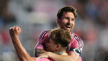 Nov 8, 2025; Fort Lauderdale, Florida, USA; Inter Miami CF forward Lionel Messi (10) celebrates with forward Mateo Silvetti (24) after scoring against Nashville SC during the first half at Chase Stadium. Mandatory Credit: Sam Navarro-Imagn Images TPX IMAGES OF THE DAY