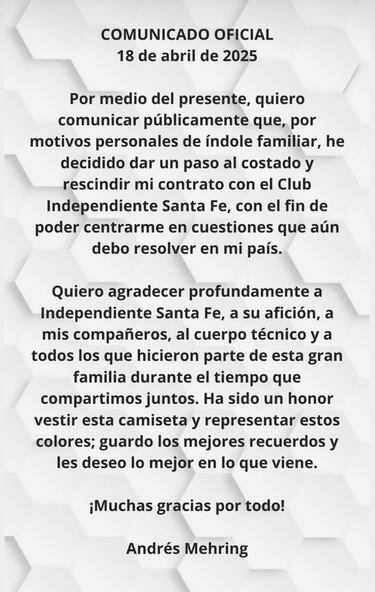 Andrés Mehring se pronuncia tras renunciar a Santa Fe