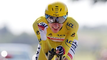 Cycling - Tour de France - Stage 20 - Libourne to Saint-Emilion - France - July 17, 2021 UAE Team Emirates rider Tadej Pogacar of Slovenia wearing the yellow jersey in action during stage 20 REUTERS/Stephane Mahe