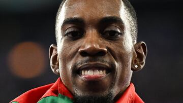Silver medallist Portugal's Pedro Pichardo celebrates after the men's triple jump final of the athletics event at the Paris 2024 Olympic Games at Stade de France in Saint-Denis, north of Paris, on August 9, 2024. (Photo by Ben STANSALL / AFP)
