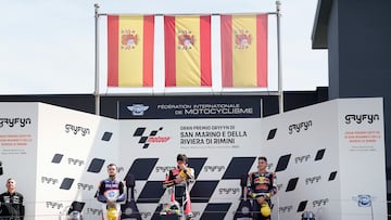 Misano Adriatico (Italy), 04/09/2022.- (L-R) second placed Aron Canet of Spain and Flexbox HP40, winner Alonso Lopez of Spain and MB Coveyors Speed Up and third placed Augusto Fernandez of Spain and Red Bull KTM Ajo react on the podium for the Moto 2 race of the MotoGP of San Marino at Marco Simoncelli Circuit in Misano Adriatico, Italy, 04 September 2022. (Motociclismo, Ciclismo, Italia, España) EFE/EPA/DANILO DI GIOVANNI
