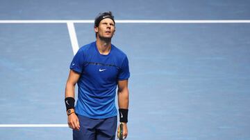 LONDON, ENGLAND - NOVEMBER 13: Rafael Nadal of Spain reacts in his Singles match against David Goffin of Belgium during day two of the Nitto ATP World Tour Finals at O2 Arena on November 13, 2017 in London, England. (Photo by Clive Brunskill/Getty Images)