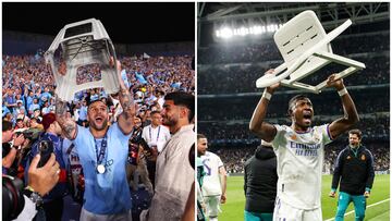 Kyle Walker y David Alaba, jugadores del Manchester City y Real Madrid respectivamente, celebran levantando una silla.