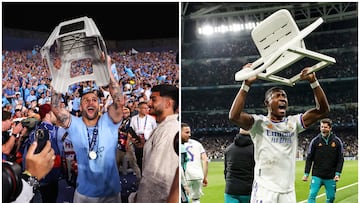 Kyle Walker y David Alaba, jugadores del Manchester City y Real Madrid respectivamente, celebran levantando una silla.