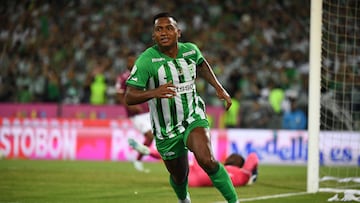 Nacional's forward #09 Alfredo Morelos celebrates after scoring during the Colombian League second leg football final match between Atletico Nacional and Deportes Tolima at the Atanasio Girardot Stadium in Medellin, Colombia on December 22, 2024. (Photo by Jaime SALDARRIAGA / AFP)