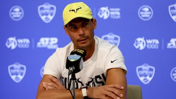 El tenista espa?ol Rafa Nadal habla en la rueda de prensa previa al Masters 1.000 de Cincinnati.
