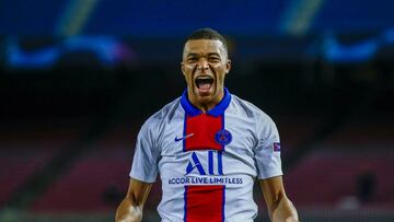 PSG&#039;s Kylian Mbappe celebrates after scoring his side&#039;s second goal during the Champions League round of 16, first leg soccer match between FC Barcelona and Paris Saint-Germain at the Camp Nou stadium in Barcelona, Spain, Tuesday, Feb. 16, 2021.