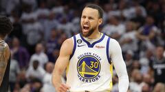 SACRAMENTO, CALIFORNIA - APRIL 30: Stephen Curry #30 of the Golden State Warriors celebrates during the third quarter in game seven of the Western Conference First Round Playoffs against the Sacramento Kings at Golden 1 Center on April 30, 2023 in Sacramento, California. NOTE TO USER: User expressly acknowledges and agrees that, by downloading and or using this photograph, User is consenting to the terms and conditions of the Getty Images License Agreement.   Ezra Shaw/Getty Images/AFP (Photo by EZRA SHAW / GETTY IMAGES NORTH AMERICA / Getty Images via AFP)