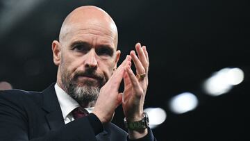 Manchester United's Dutch manager Erik ten Hag applauds as  he leaves the pitch at the end of the English Premier League football match between Manchester United and Newcastle United at Old Trafford in Manchester, north west England, on May 15, 2024. Manchester United wins 3 - 2 against Newcastle United. (Photo by Oli SCARFF / AFP) / RESTRICTED TO EDITORIAL USE. No use with unauthorized audio, video, data, fixture lists, club/league logos or 'live' services. Online in-match use limited to 120 images. An additional 40 images may be used in extra time. No video emulation. Social media in-match use limited to 120 images. An additional 40 images may be used in extra time. No use in betting publications, games or single club/league/player publications. / 