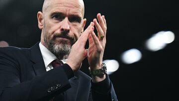 Manchester United's Dutch manager Erik ten Hag applauds as he leaves the pitch at the end of the English Premier League football match between Manchester United and Newcastle United at Old Trafford in Manchester, north west England, on May 15, 2024. Manchester United wins 3 - 2 against Newcastle United. (Photo by Oli SCARFF / AFP) / RESTRICTED TO EDITORIAL USE. No use with unauthorized audio, video, data, fixture lists, club/league logos or 'live' services. Online in-match use limited to 120 images. An additional 40 images may be used in extra time. No video emulation. Social media in-match use limited to 120 images. An additional 40 images may be used in extra time. No use in betting publications, games or single club/league/player publications. /