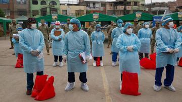 Medical workers and soldiers stand together before doing mass testing for the coronavirus disease (COVID-19) in Lima, Peru, January 7, 2021. REUTERS/Sebastian Castaneda
