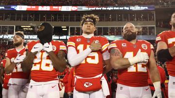 KANSAS CITY, MISSOURI - JANUARY 20: Patrick Mahomes #15 of the Kansas City Chiefs stands for the national anthem prior to the AFC Championship Game against the New England Patriots at Arrowhead Stadium on January 20, 2019 in Kansas City, Missouri.   Jamie Squire/Getty Images/AFP
 == FOR NEWSPAPERS, INTERNET, TELCOS &amp; TELEVISION USE ONLY ==