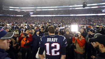 Jan 22, 2017; Foxborough, MA, USA; New England Patriots quarterback Tom Brady (12) is interviewed after the 2017 AFC Championship Game against the Pittsburgh Steelers at Gillette Stadium. Mandatory Credit: Winslow Townson-USA TODAY Sports