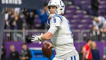 MINNEAPOLIS, MN - DECEMBER 17: Indianapolis Colts quarterback Nick Foles (9) warms up before the NFL game between the Indianapolis Colts and Minnesota Vikings on December 17th, 2022, at U.S. Bank Stadium in Minneapolis, MN. (Photo by Bailey Hillesheim/Icon Sportswire via Getty Images)