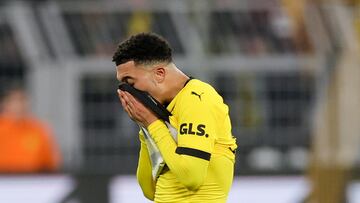 Dortmund (Germany), 25/02/2024.- Dortmund's Jadon Sancho reacts during the German Bundesliga soccer match between Borussia Dortmund and TSG 1899 Hoffenheim in Dortmund, Germany, 25 February 2024. (Alemania, Rusia) EFE/EPA/FRIEDEMANN VOGEL CONDITIONS - ATTENTION: The DFL regulations prohibit any use of photographs as image sequences and/or quasi-video.
