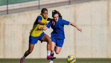 Geyse y Bruna Vilamala disputan un bal¨®n en el entrenamiento de ayer.