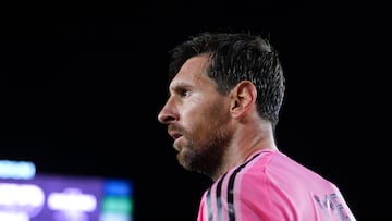 FORT LAUDERDALE, FLORIDA - NOVEMBER 08: Lionel Messi #10 of Inter Miami CF looks on after winning and advancing to the semifinal following the 2025 MLS Cup Playoff match between Inter Miami CF and Nashville SC at Chase Stadium on November 08, 2025 in Fort Lauderdale, Florida. Rich Storry/Getty Images/AFP (Photo by Rich Storry / GETTY IMAGES NORTH AMERICA / Getty Images via AFP)