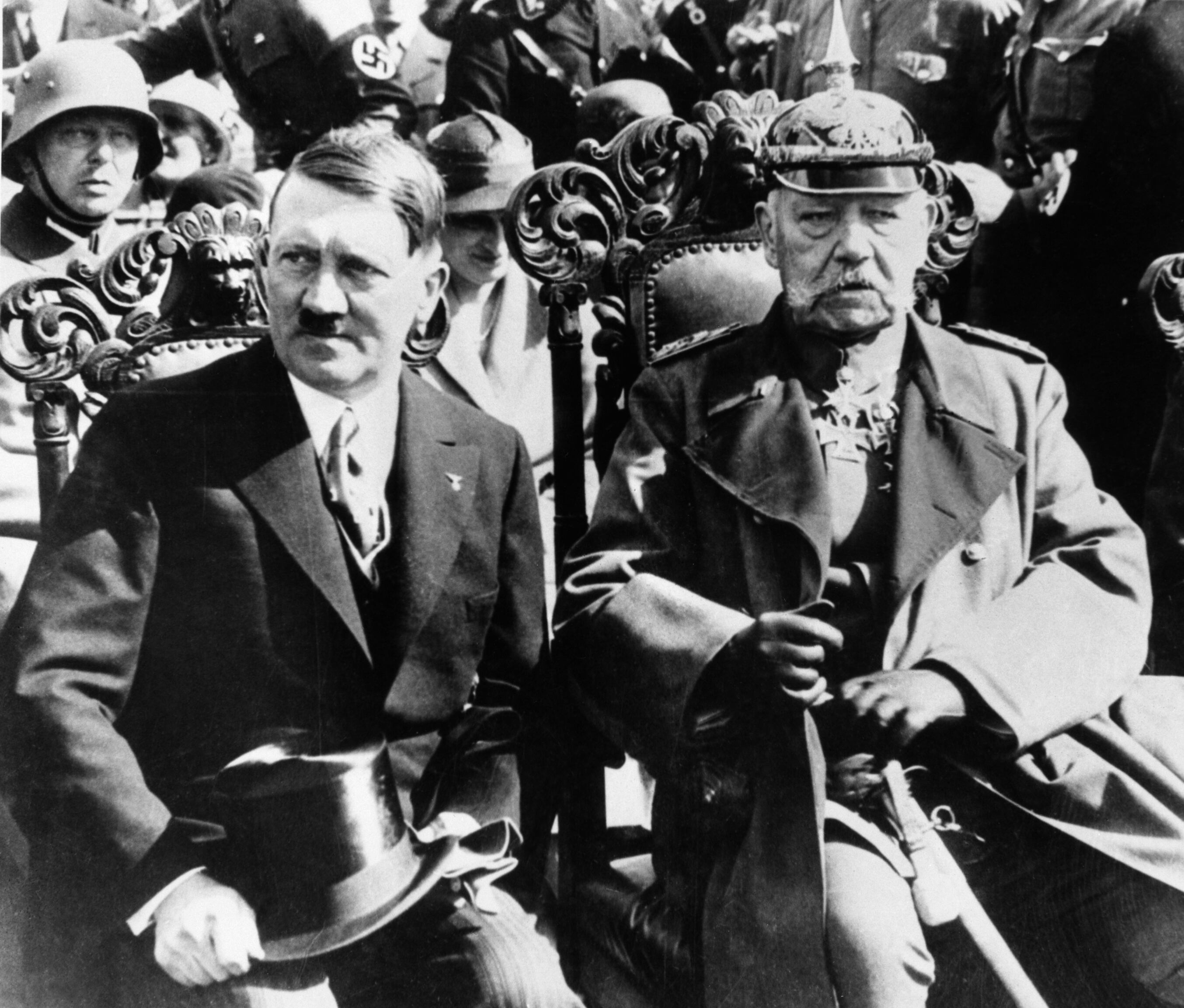 German leaders, Chancellor Adolf Hitler and President von Hindenburg, celebrate the 19th anniversary of the Battle of Tannenburg, where the Germans defeated the Russians.