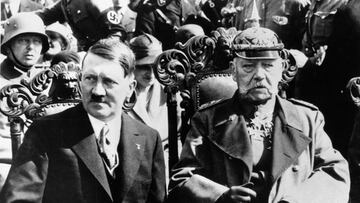 German leaders, Chancellor Adolf Hitler and President von Hindenburg, celebrate the 19th anniversary of the Battle of Tannenburg, where the Germans defeated the Russians.