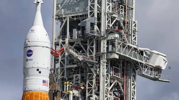 Artemis I's Space Launch System heavy-lift rocket carrying the Orion spacecraft on Launch Pad 39-B at Kennedy Space Center, Florida, on Saturday, Aug. 27, 2022.