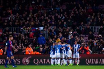 BARCELONA, SPAIN - FEBRUARY 19: Players of CD Leganes celebrate after their teammate Unai Lopez scored their team's first goal during the La Liga match between FC Barcelona and CD Leganes at Camp Nou stadium on February 19, 2017 in Barcelona, Spain. (Phot