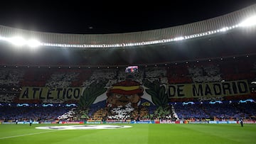 MADRID, SPAIN - FEBRUARY 18: The Atletico Madrid fans create a tifo prior to the UEFA Champions League round of 16 first leg match between Atletico Madrid and Liverpool FC at Wanda Metropolitano on February 18, 2020 in Madrid, Spain. (Photo by Angel Martinez/Getty Images)