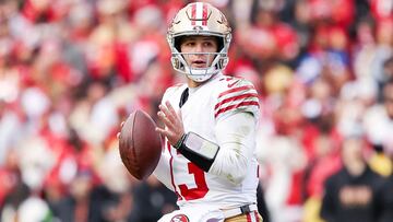 LANDOVER, MARYLAND - DECEMBER 31: Brock Purdy #13 of the San Francisco 49ers throws a pass during the fourth quarter of a game against the Washington Commanders at FedExField on December 31, 2023 in Landover, Maryland.   Scott Taetsch/Getty Images/AFP (Photo by Scott Taetsch / GETTY IMAGES NORTH AMERICA / Getty Images via AFP)