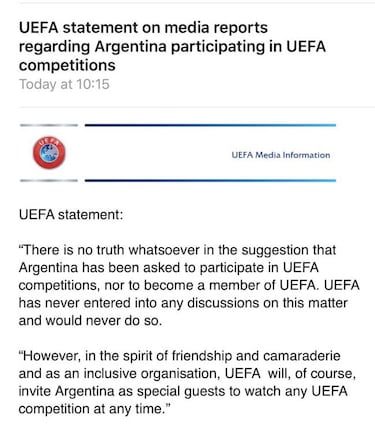 La UEFA niega haber invitado a Argentina a la Liga de Naciones