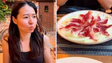 Japonesa probando melón con jamón