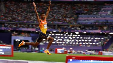 El atleta español Jordan Alejandro Díaz en la final de Triple salto masculino en el marco de los Juegos Olímpicos París 2024.