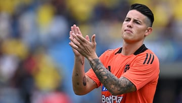 Colombia's midfielder #10 James Rodriguez acknowledges fans before the start of the 2026 FIFA World Cup South American qualifiers football match between Colombia and Chile at the Roberto Melendez Metropolitan stadium in Barranquilla, Colombia, on October 15, 2024. (Photo by Raul ARBOLEDA / AFP) (Photo by RAUL ARBOLEDA/AFP via Getty Images)