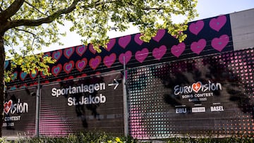 FILE PHOTO: Logos of the Eurovision Song Contest are seen in front of the St. Jakobshalle in Basel, Switzerland, May 1, 2025. REUTERS/Denis Balibouse/File Photo