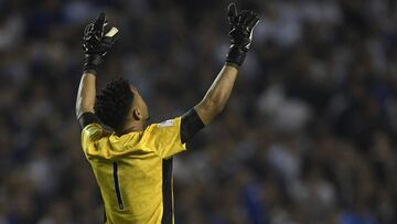 Peru&#039;s goalkeeper Pedro Gallese celebrates at the end of their goalless 2018 World Cup qualifier football match against Argentina in Buenos Aires on October 5, 2017. / AFP PHOTO / Juan MABROMATA