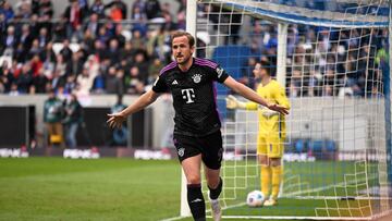 Bayern Munich's English forward #09 Harry Kane celebrates scoring during the German first division Bundesliga football match between SV Darmstadt 98 and FC Bayern Munich in Darmstadt, western Germany on March 16, 2024. (Photo by Kirill KUDRYAVTSEV / AFP) / DFL REGULATIONS PROHIBIT ANY USE OF PHOTOGRAPHS AS IMAGE SEQUENCES AND/OR QUASI-VIDEO