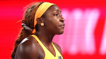 USA's Coco Gauff reacts on point to Ukraine's Elina Svitolina during their women's singles quarter-final match on day ten of the Australian Open tennis tournament in Melbourne on January 27, 2026. (Photo by Martin KEEP / AFP) / -- IMAGE RESTRICTED TO EDITORIAL USE - STRICTLY NO COMMERCIAL USE --