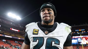 LANDOVER, MARYLAND - DECEMBER 20: Saquon Barkley #26 of the Philadelphia Eagles looks on after the game at Northwest Stadium on December 20, 2025 in Landover, Maryland. Scott Taetsch/Getty Images/AFP (Photo by Scott Taetsch / GETTY IMAGES NORTH AMERICA / Getty Images via AFP)