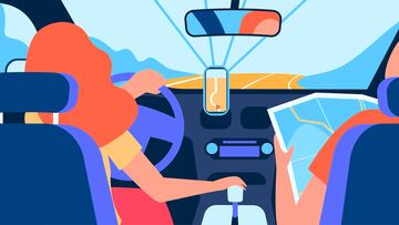 Driver and passenger navigating on road within map