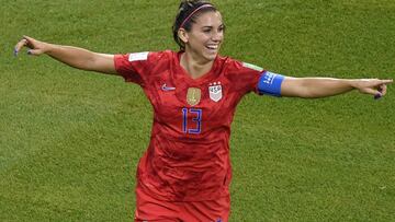 United States&#039; forward Alex Morgan celebrates after scoring a goal during the France 2019 Women&#039;s World Cup semi-final football match between England and USA, on July 2, 2019, at the Lyon Satdium in Decines-Charpieu, central-eastern France. (Pho