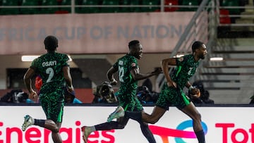 Nigeria's defender #06 Semi Ajayi (R) celebrates his goal during the Africa Cup of Nations (CAN) Group C football match between Nigeria and Tanzania at Fez Stadium in Fes on December 23, 2025. (Photo by Abdel Majid BZIOUAT / AFP)