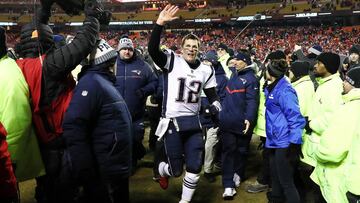 KANSAS CITY, MISSOURI - JANUARY 20: Tom Brady #12 of the New England Patriots reacts after defeating the Kansas City Chiefs in overtime during the AFC Championship Game at Arrowhead Stadium on January 20, 2019 in Kansas City, Missouri. The Patriots defeated the Chiefs 37-31.   Jamie Squire/Getty Images/AFP
 == FOR NEWSPAPERS, INTERNET, TELCOS &amp; TELEVISION USE ONLY ==