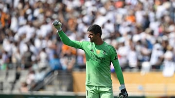 Real Madrid's Belgian goalkeeper #01 Thibaut Courtois celebrates his team's third goal during the FIFA Club World Cup 2025 Group H football match between Spain's Real Madrid and Mexico's Pachuca at the Bank of America stadium in Charlotte on June 22, 2025. (Photo by Federico PARRA / AFP)