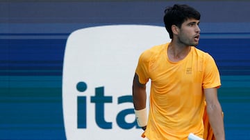 Mar 22, 2026; Miami Gardens, FL, USA; Carlos Alcaraz (ESP) yells at his player's box between points against Sebastian Korda (USA) (not pictured) on day six of the 2026 Miami Open at Hard Rock Stadium. Mandatory Credit: Geoff Burke-Imagn Images