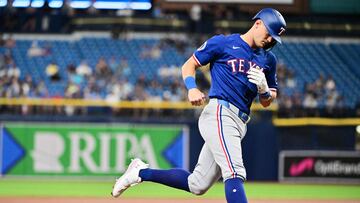 ST PETERSBURG, FLORIDA - APRIL 01: Josh Jung #6 of the Texas Rangers rounds third base after hitting a three-run home run in the first inning against the Tampa Bay Rays at Tropicana Field on April 01, 2024 in St Petersburg, Florida.   Julio Aguilar/Getty Images/AFP (Photo by Julio Aguilar / GETTY IMAGES NORTH AMERICA / Getty Images via AFP)