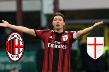 AC Milán tiene en su escudo la Cruz de San Jorge, debido a que forma parte del escudo de la ciudad de Milan, que es comúnmente conocido como Scudo di Ambrosio. Para la temporada 2014-15, en su primera equipación aparece el escudo ambrosiano en lugar del tradicional insignia rossonera.