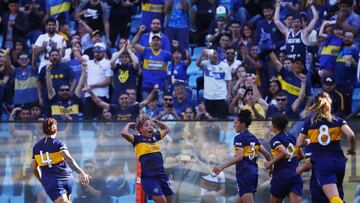Boca Juniors' Fanny Rodriguez, second left, celebrates with teammates after she scored her team's second goal against River Plate in their Argentine Women's Soccer League match at La Bombonera stadium in Buenos Aires, Argentina, Tuesday, Se