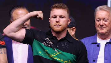 Mexico's Canelo Alvarez gestures during a press conference in Riyadh on May 1, 2025, ahead of his super middleweight boxing match against Cuba's William Scull. (Photo by Fayez NURELDINE / AFP)