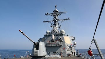The Arleigh Burke-class guided-missile destroyer USS Milius (DDG 69), deployed to the U.S. 7th Fleet area of operations, conducts a Taiwan Strait transit operation, at an undisclosed location in this handout picture released on April 17, 2023. U.S. Navy/Handout via REUTERS ATTENTION EDITORS - THIS IMAGE WAS PROVIDED BY A THIRD PARTY.