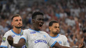 Ismaila Sarr celebra el segundo del OM ante el Brest.